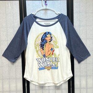 3/4 Sleeve Ringer Tee Graphic Screen Print Wonder Woman WW DC White Blue XXL